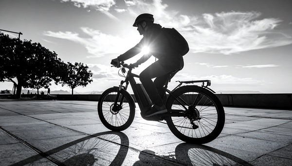Silhouette of cyclist on an e-bike, riding on a sunlit path in Florida.