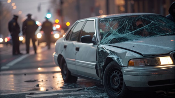 A white sedan with a shattered windshield and significant front-end damage sits on a city street, while police officers and emergency vehicles with flashing lights manage the scene in the background.