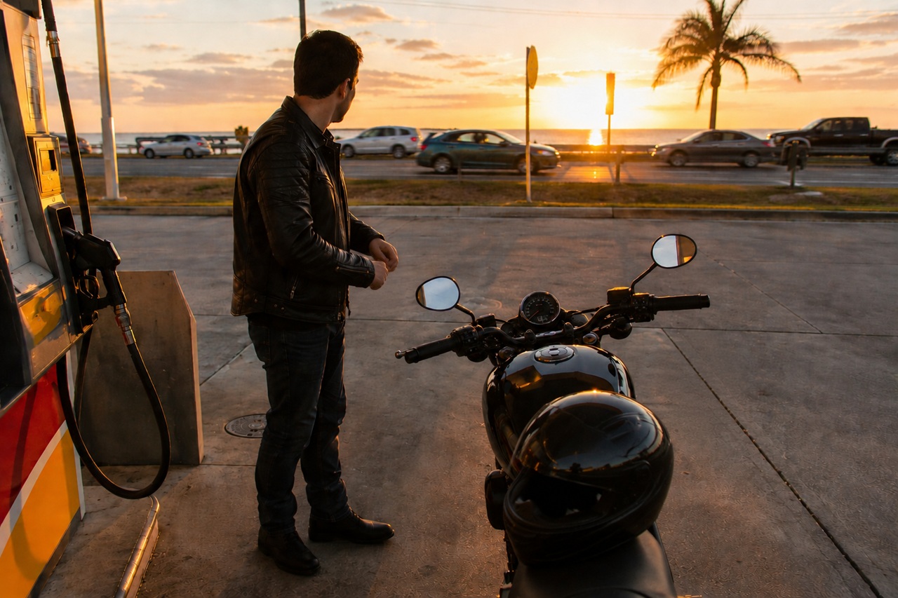 A realistic image of a motorcycle rider stopped at a Florida gas station at sunset, removing their gloves and checking traffic along a nearby highway, highlighting the complex traffic patterns and vehicle congestion that increase the risk of motorcycle accidents in Florida.