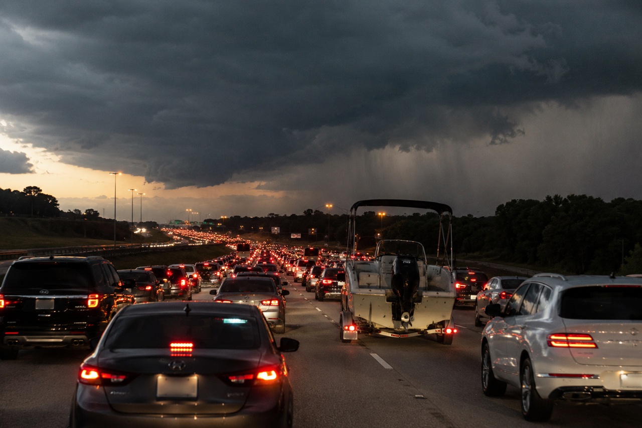 Heavy rush-hour traffic slows to a crawl on a multi-lane highway in Central Florida at dusk, with a long line of cars and a vehicle towing a motorboat illuminated by brake lights beneath an approaching dark, ominous thunderstorm wall cloud.