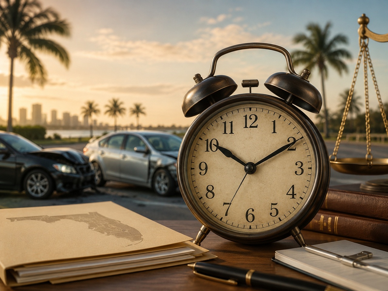 A vintage alarm clock and scales of justice sit on a desk alongside legal documents bearing the outline of Florida, with a rear-end collision between two vehicles and a city skyline with palm trees visible in the background, depicting the statute of limitations deadline for filing a car accident claim in Florida.