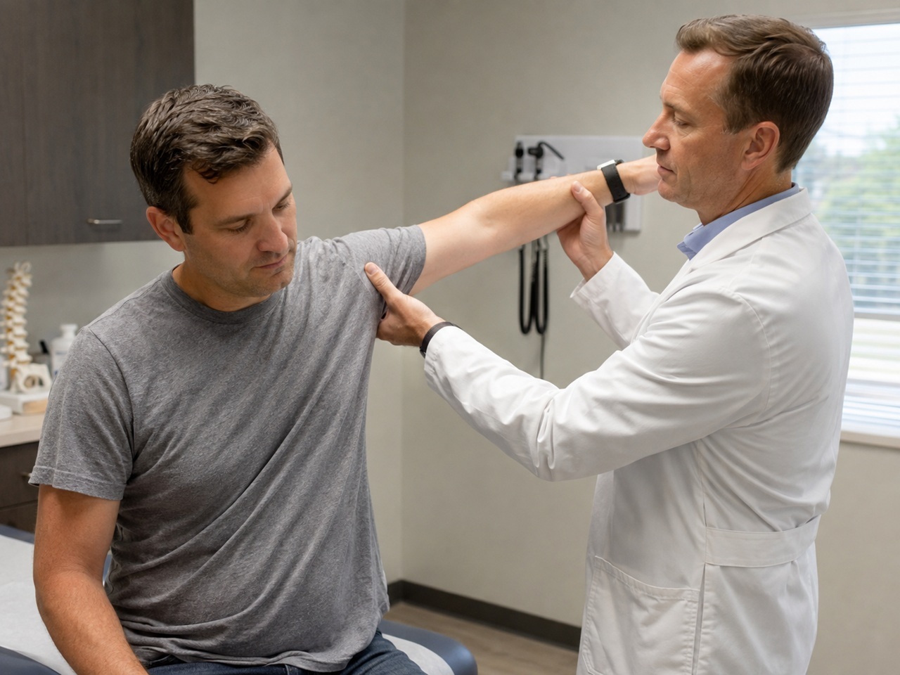 A doctor examining a patient's shoulder and arm range of motion in a clinic, illustrating a rotator cuff tear after a Florida car accident.