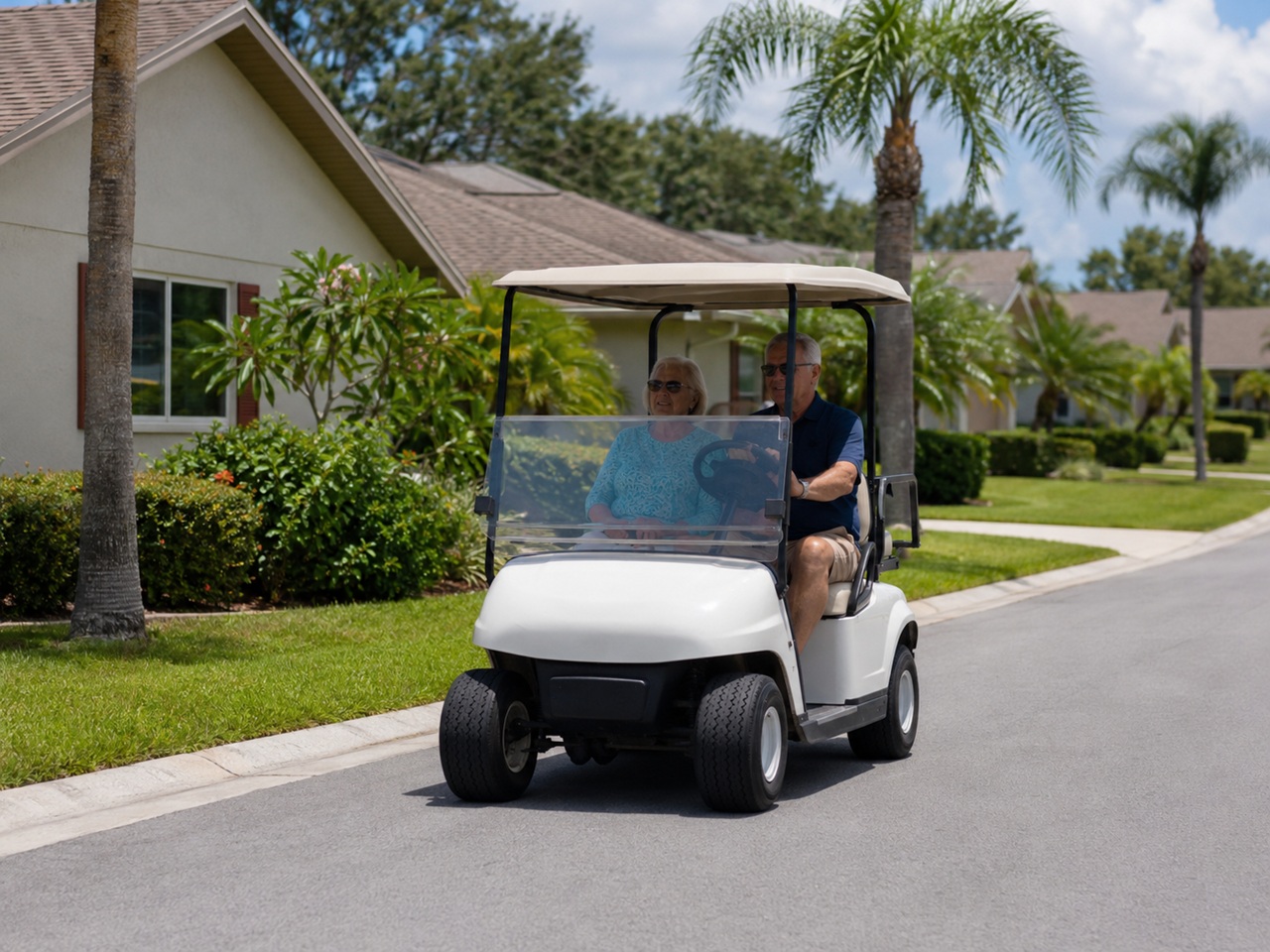 An older couple riding in a golf cart through a Florida residential community street, illustrating a situation where a passenger could be injured in a golf cart accident.