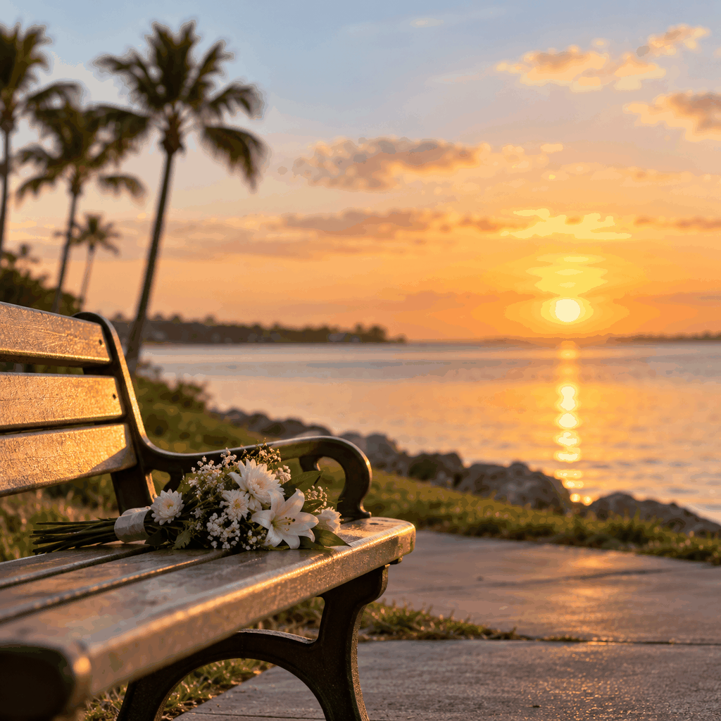 White flowers resting on an empty bench beside a Florida waterfront at sunset, symbolizing remembrance after a wrongful death.
